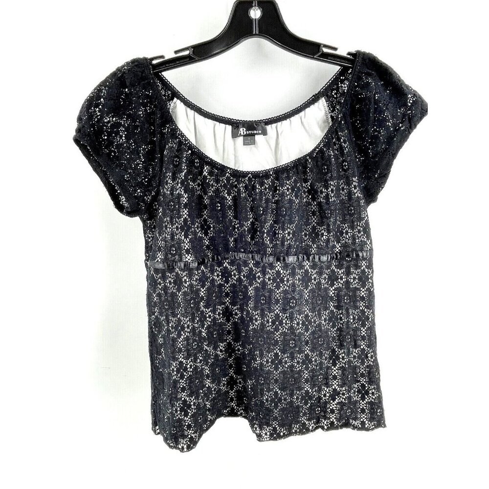 AB Studio Women's Black White Lace Top Shirt Size Small Casual Fun Short Sleeves
